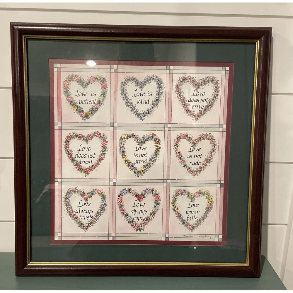 Home Interiors Picture "Love Is" Hunter Green Matt & Cherry Wood Frame 17 3/4"